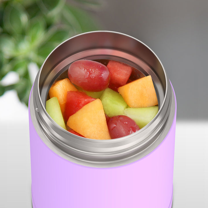 16 ounce Funtainer Kids Food Jar, Neon Purple with assorted fruit inside.