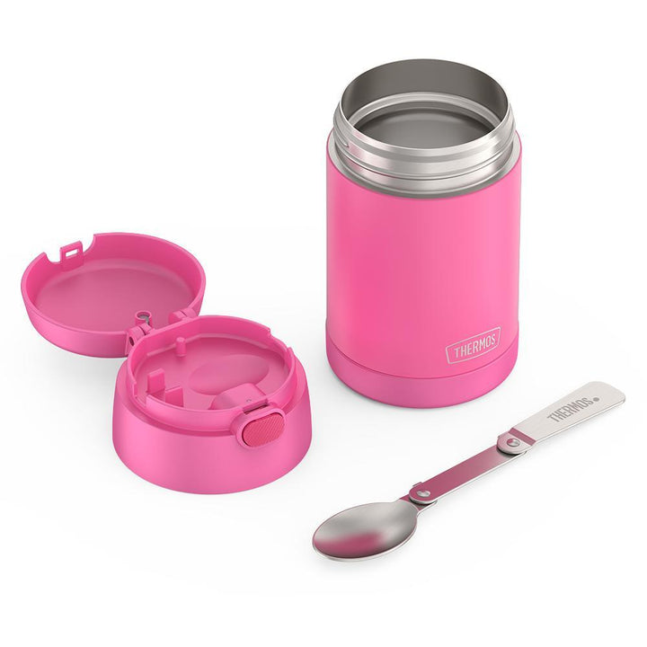 16 ounce Kids Food Jar, unassembled and spoon unfolded, Neon Pink.