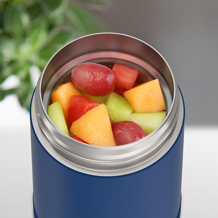 16 ounce Funtainer Kids Food Jar, Dark Navy with assorted fruit inside.