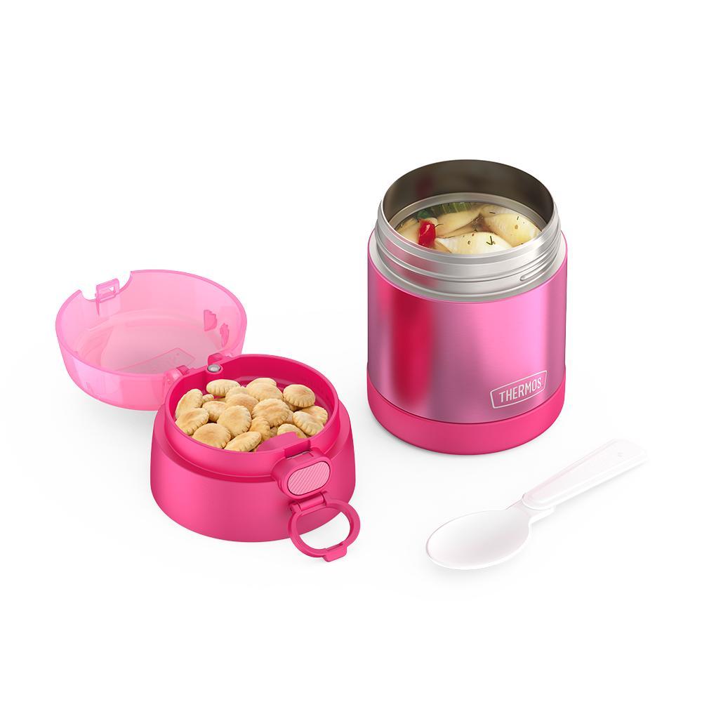 10oz Funtainer food jar with snack top, unassembled with crackers in snack top, soup in jar and spoon unfolded, Pink.