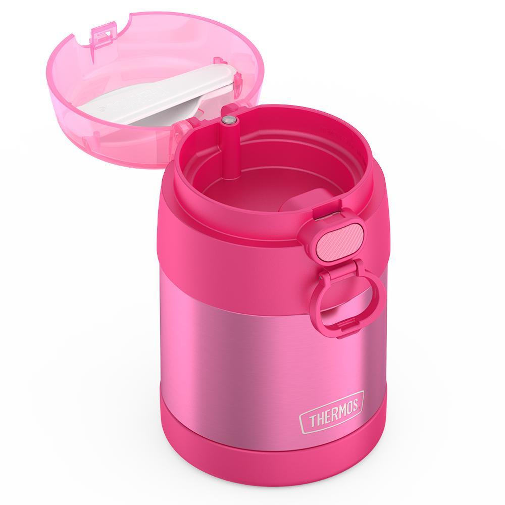 10oz Funtainer food jar with snack top, lid open, spoon folded inside, Pink.