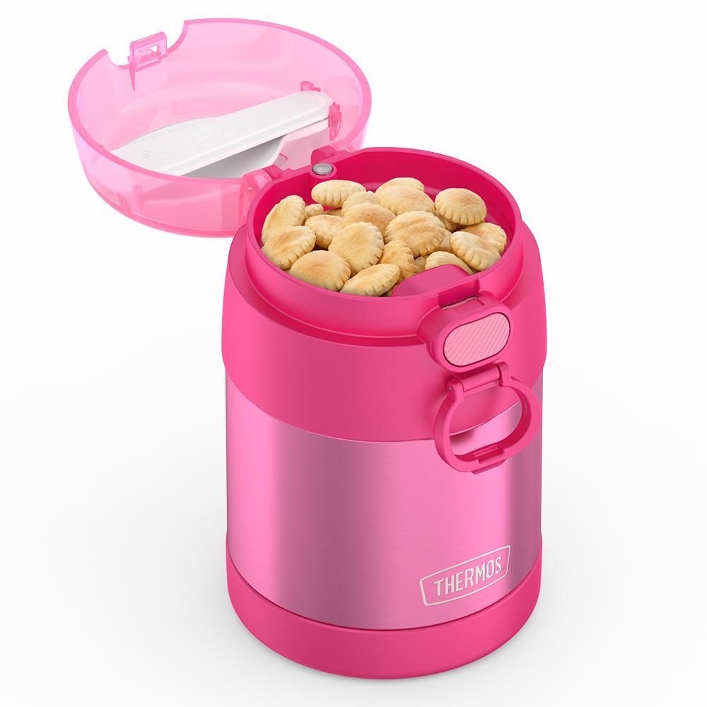 10oz Funtainer food jar with snack top, lid open with crackers in snack top, spoon folded inside, Pink.