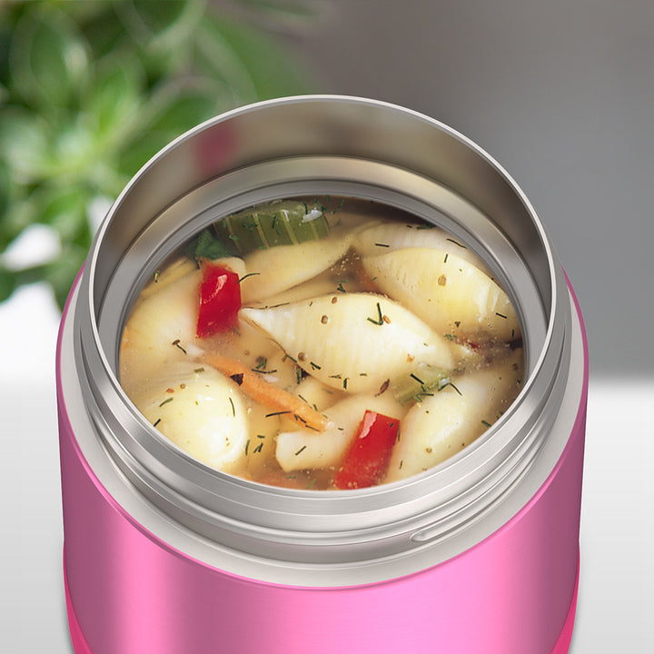 10oz Funtainer food jar with snack top, Pink with noodle soup inside.