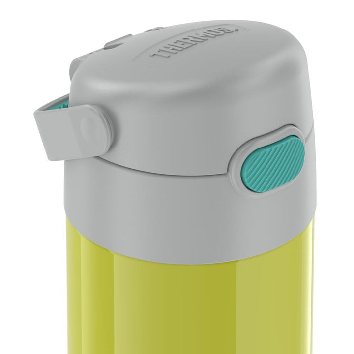 12 ounce yellow and green Funtainer water bottle, lid inset.