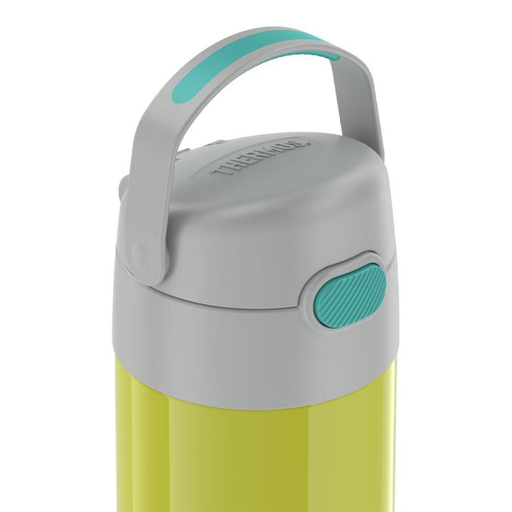 12 ounce yellow and green Funtainer water bottle, lid inset, handle up.