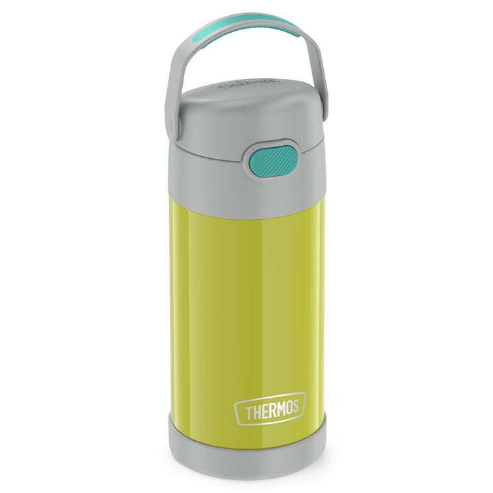 12 ounce yellow and green Funtainer water bottle, side view, handle up.