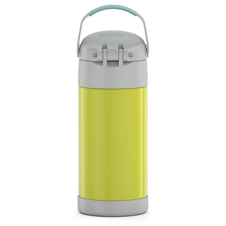 12 ounce yellow and green Funtainer water bottle, back view, handle up.