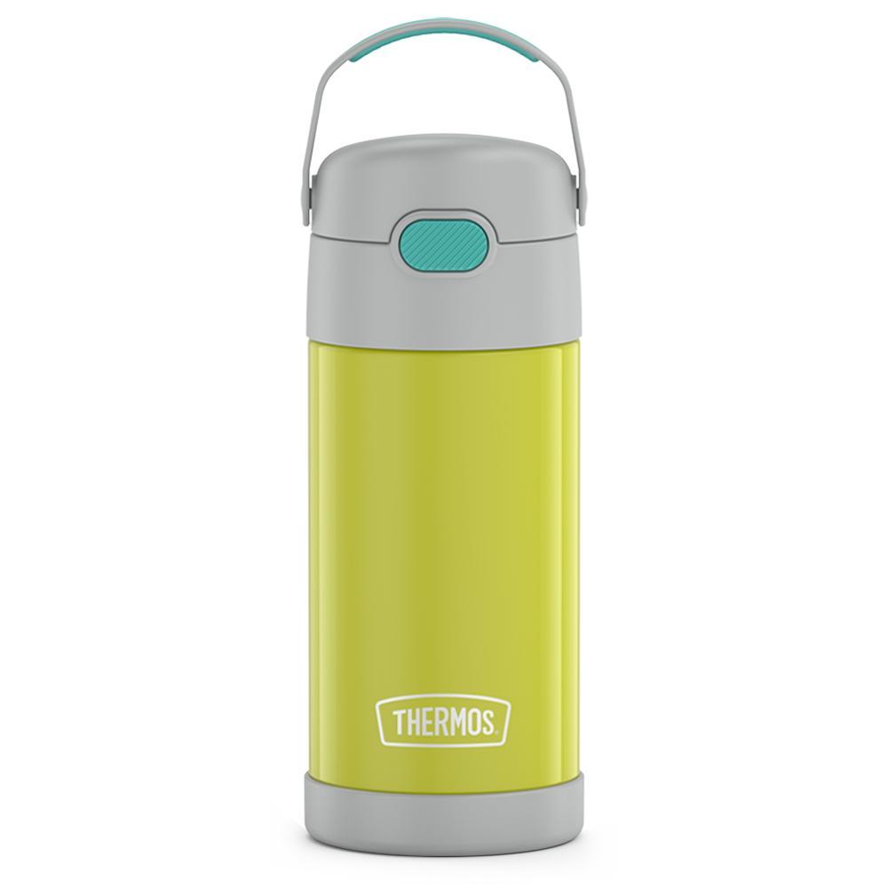 12 ounce yellow and green Funtainer water bottle, front view, handle up.