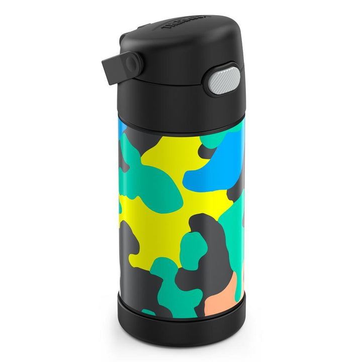 12 ounce Funtainer water bottle, Neon Camo Pattern, side view, handle down.