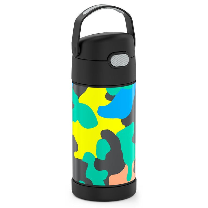 12 ounce Funtainer water bottle, side view, handle up, Neon Camo Pattern.