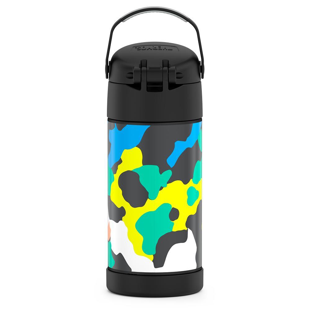 12 ounce Funtainer water bottle, back view, handle up, Neon Camo Pattern.