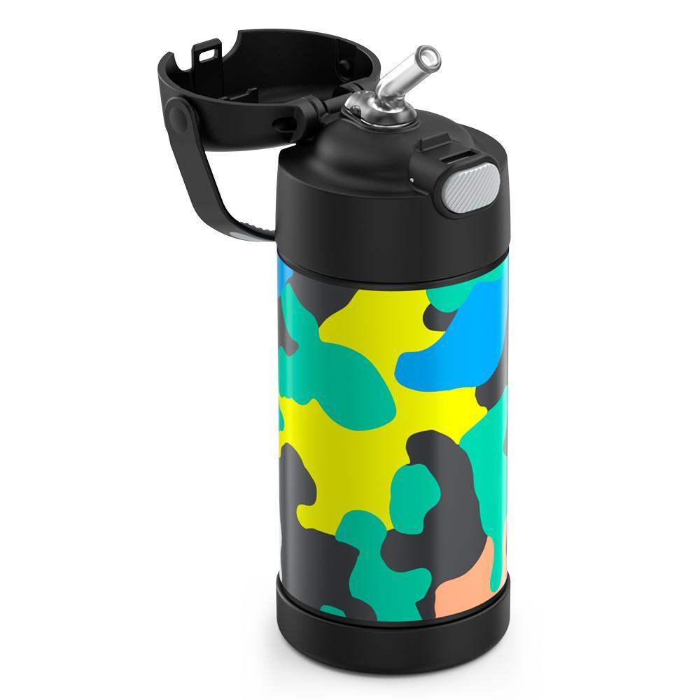 12 ounce Funtainer water bottle, Neon Camo Pattern, straw inset.