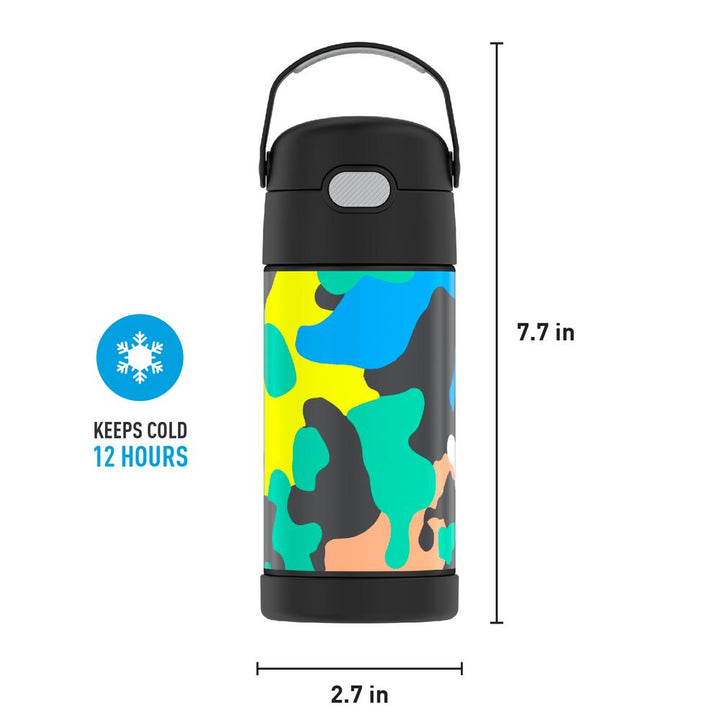 12 ounce Funtainer water bottle, Neon Camo Pattern, front view with handle up. 7.7 inches tall, 2.7 inches wide at base. Keeps Cold 12 Hours.