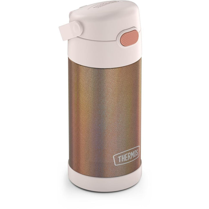 12 ounce Funtainer water bottle, Iridescent Rose Gold, side view, handle down.
