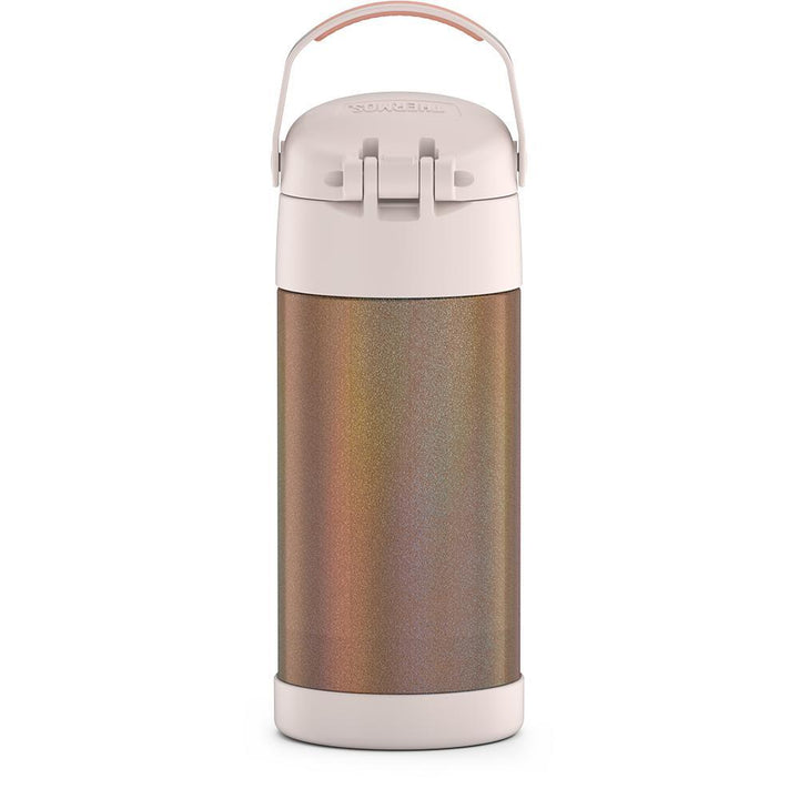 12 ounce Funtainer water bottle, back view, handle up, Iridescent Rose Gold.