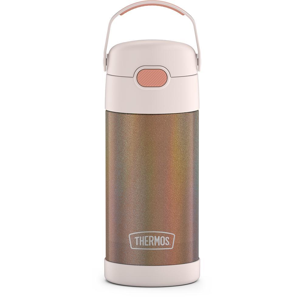 12 ounce Funtainer water bottle with handle up, Iridescent Rose Gold.