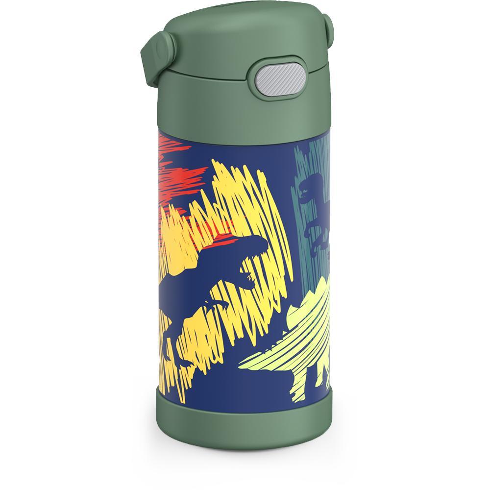 12 ounce Funtainer water bottle, Dinosaur Pattern, side view, handle down.