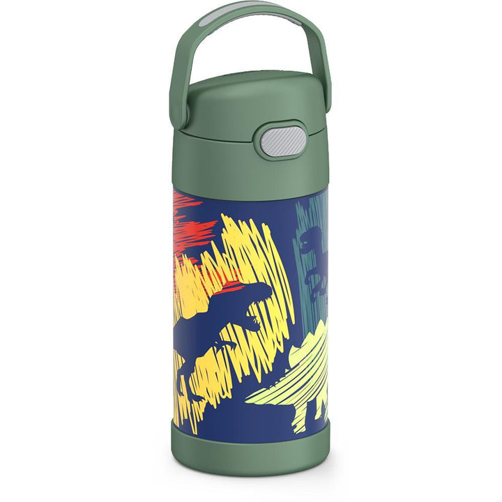 12 ounce Funtainer water bottle, side view, handle up, Dinosaur Pattern.