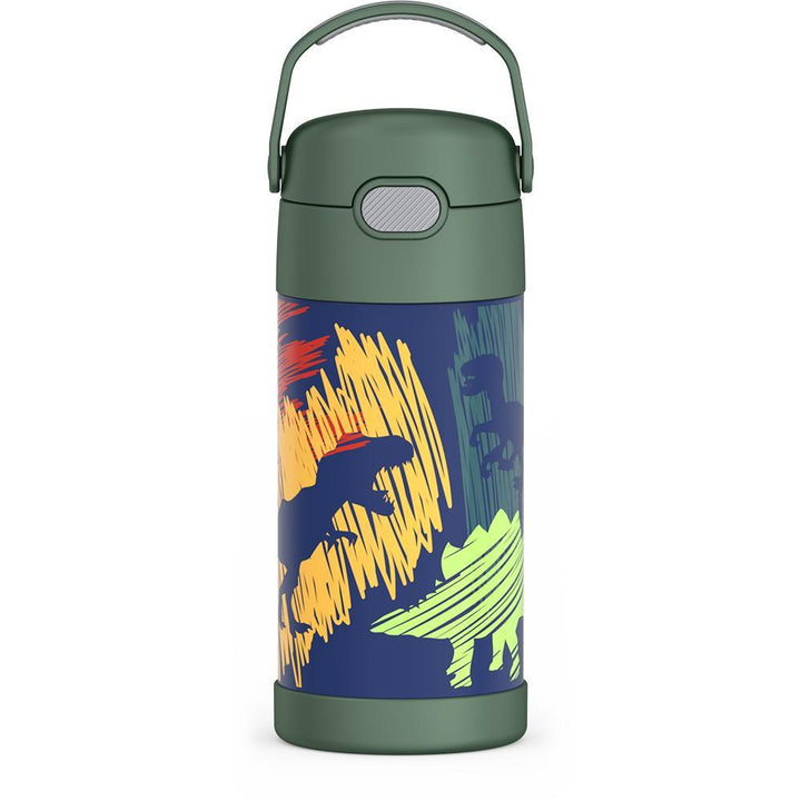 12 ounce Funtainer water bottle with handle up, Dinosaur Pattern.