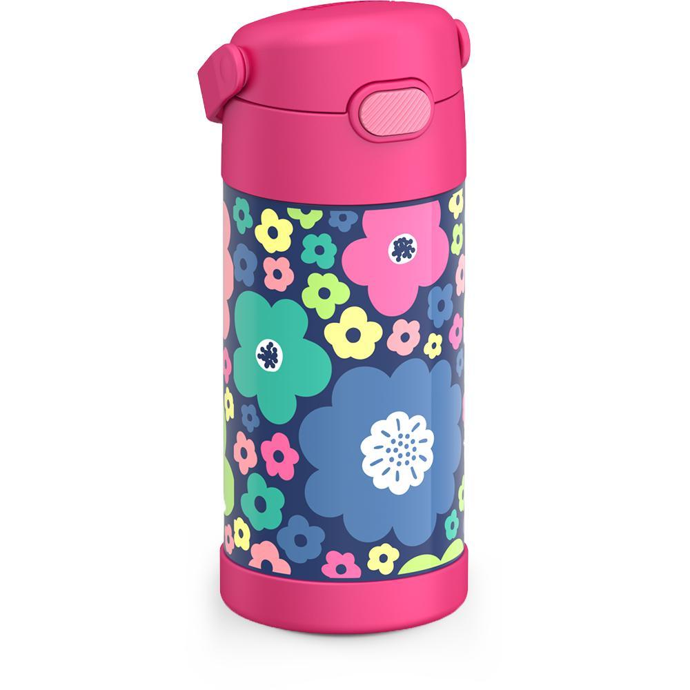 12 ounce Funtainer water bottle, Mod Flowers Pattern, side view, handle down.