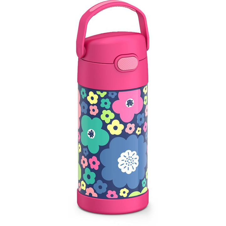 12 ounce Funtainer water bottle, side view, handle up, Mod Flowers Pattern.