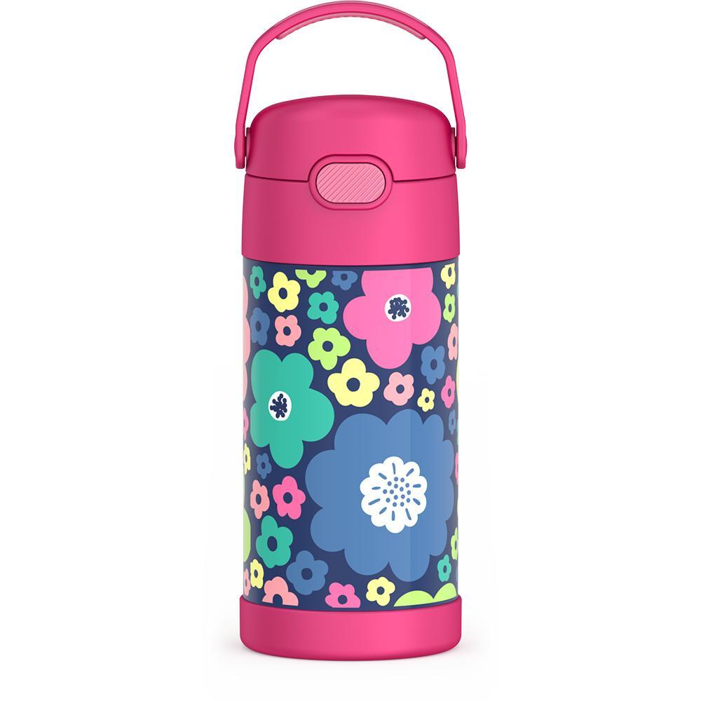 12 ounce Funtainer water bottle with handle up, Mod Flowers Pattern.