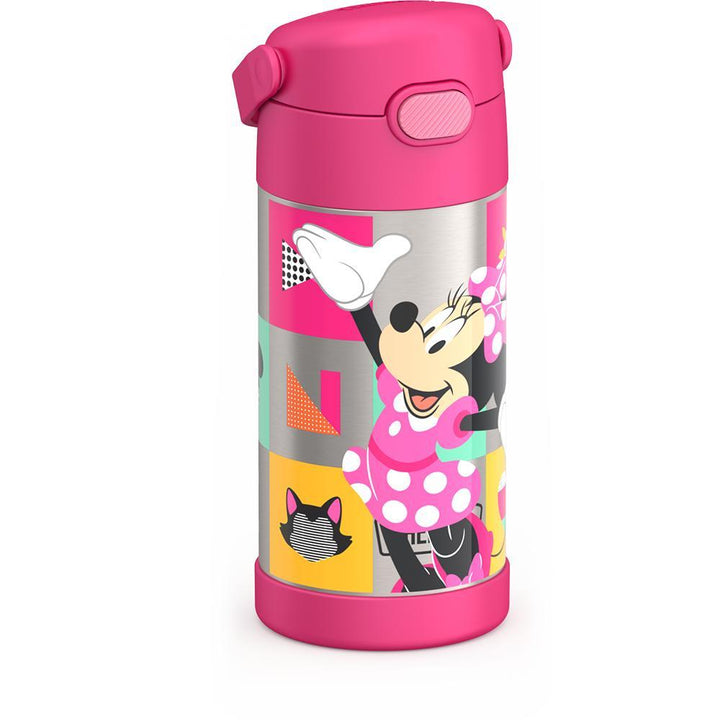 12 ounce Funtainer water bottle, Minnie Mouse Bowtique, side view, handle down.
