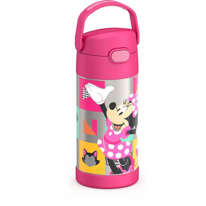 12 ounce Funtainer water bottle, side view, handle up, Minnie Mouse Bowtique.