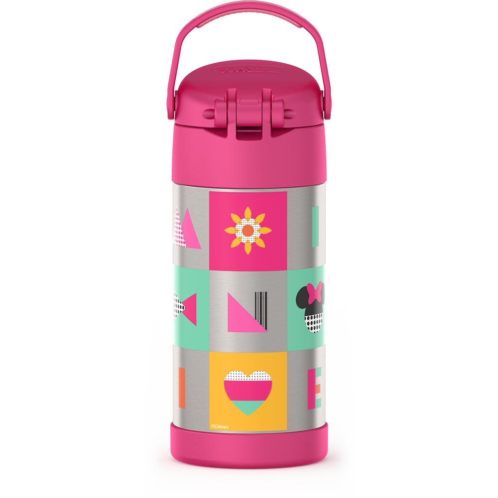12 ounce Funtainer water bottle, back view, handle up, Minnie Mouse Bowtique.