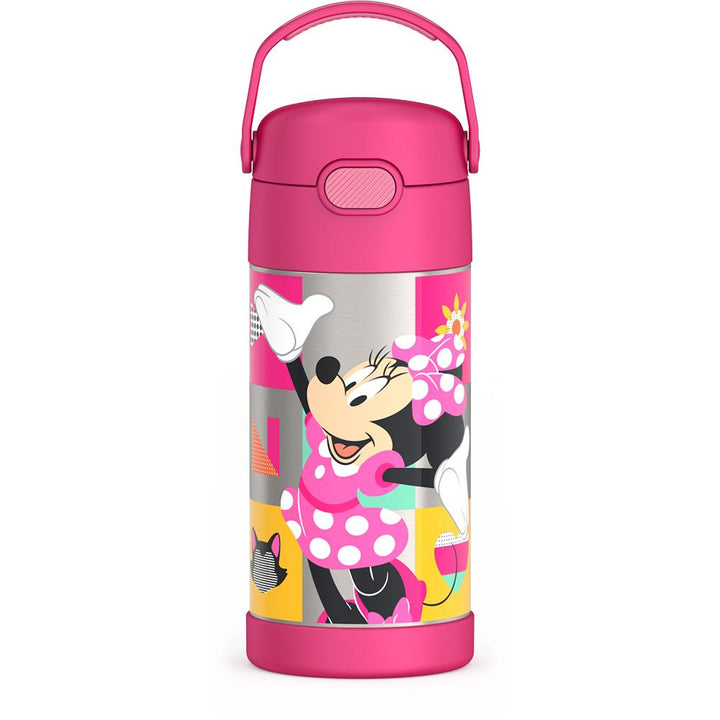 12 ounce Funtainer water bottle with handle up, Minnie Mouse Bowtique.