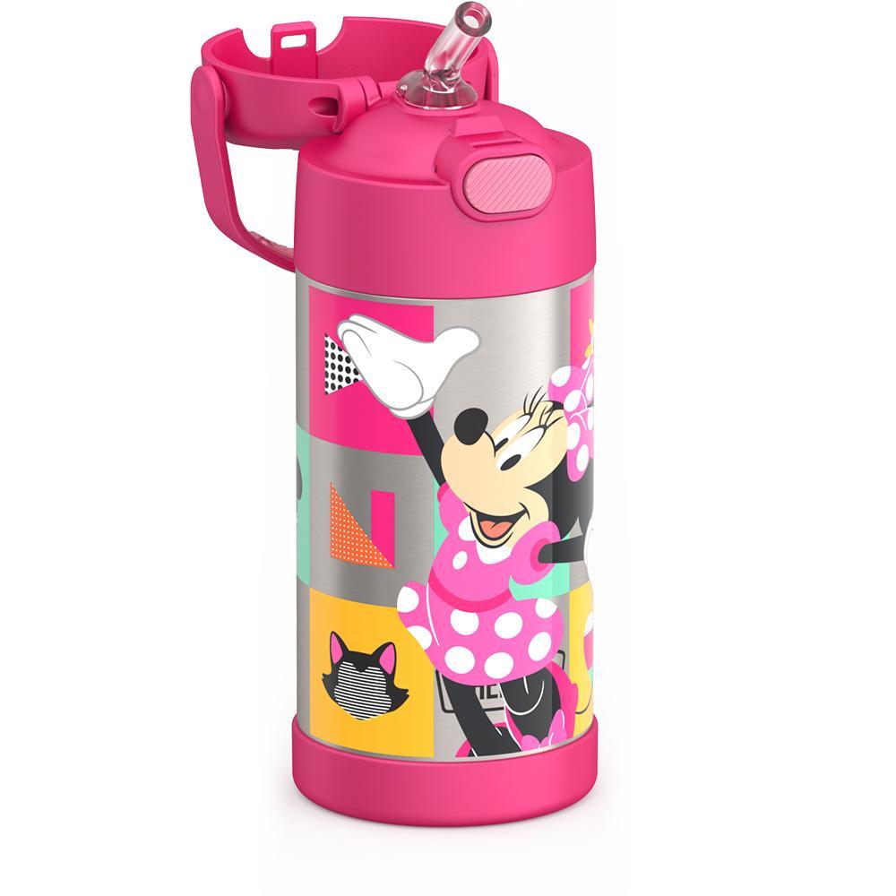 12 ounce Funtainer water bottle, Minnie Mouse Bowtique, straw inset.