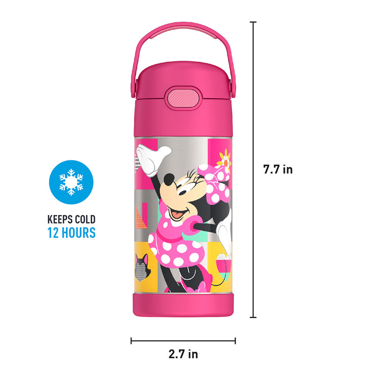 12 ounce Funtainer water bottle, Minnie Mouse Bowtique, front view with handle up. 7.7 inches tall, 2.7 inches wide at base. Keeps Cold 12 Hours.