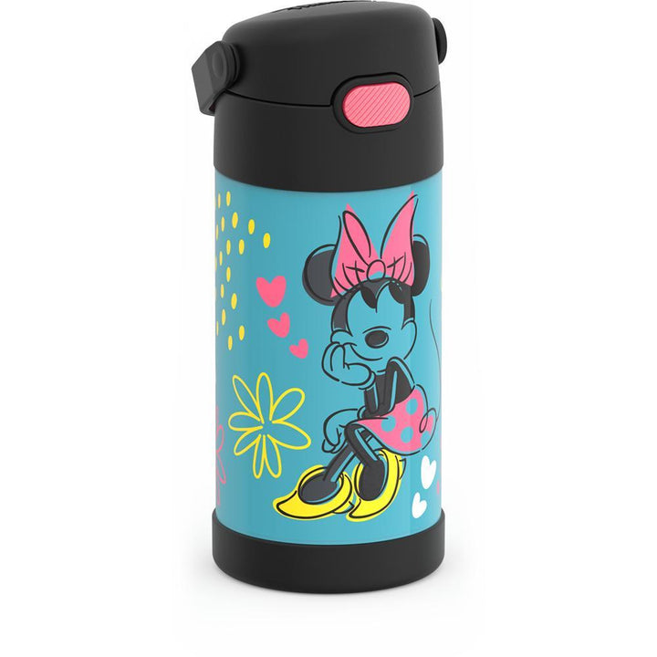 12 ounce Funtainer water bottle, Minnie Mouse, closed lid.