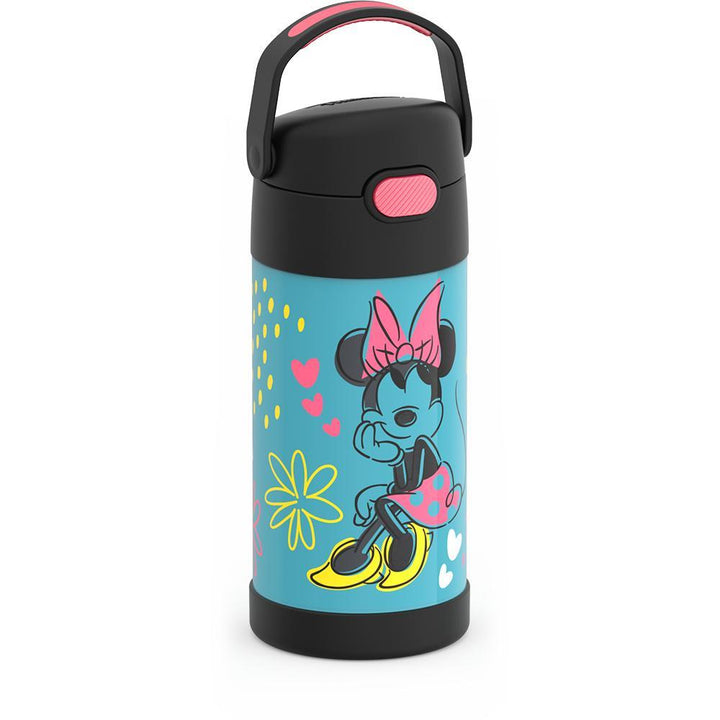 12 ounce Funtainer water bottle, side view, handle up, Minnie Mouse.