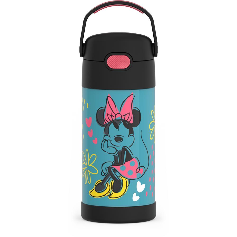 12 ounce Funtainer water bottle, Minnie Mouse, front view, handle up.