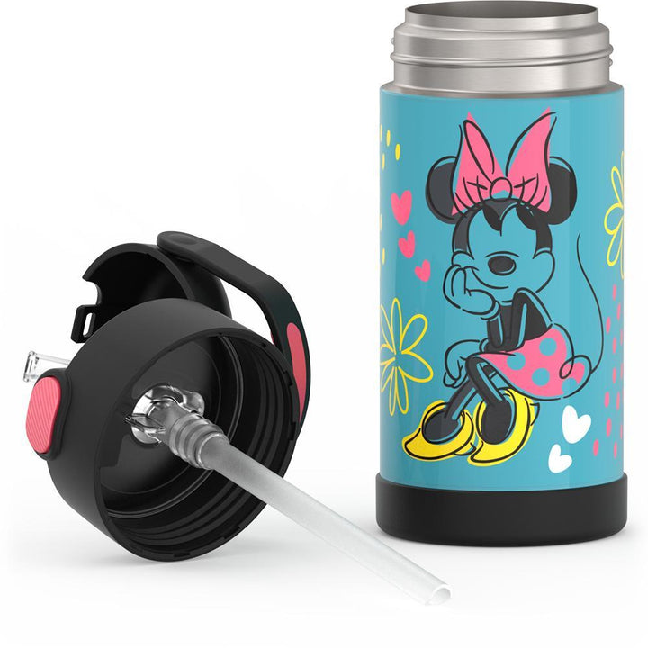 12 ounce Funtainer water bottle, Minnie Mouse, unassembled- lid off.