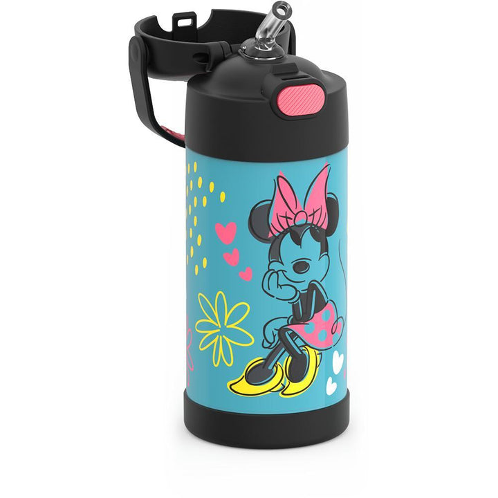 12 ounce Funtainer water bottle, Minnie Mouse, straw inset.