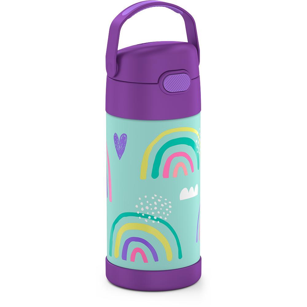 12 ounce Funtainer water bottle, side view, handle up, rainbows and clouds Pattern.