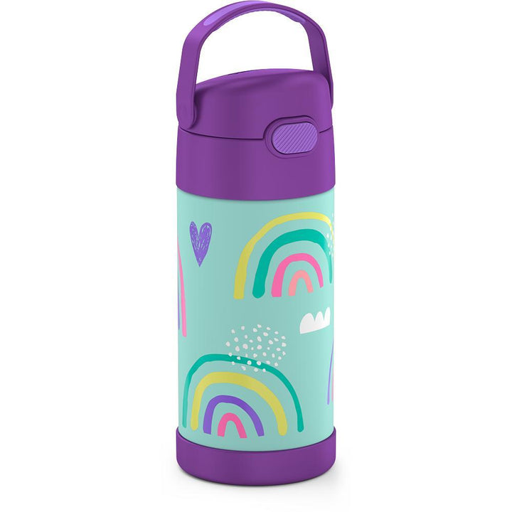 12 ounce Funtainer water bottle, side view, handle up, rainbows and clouds Pattern.