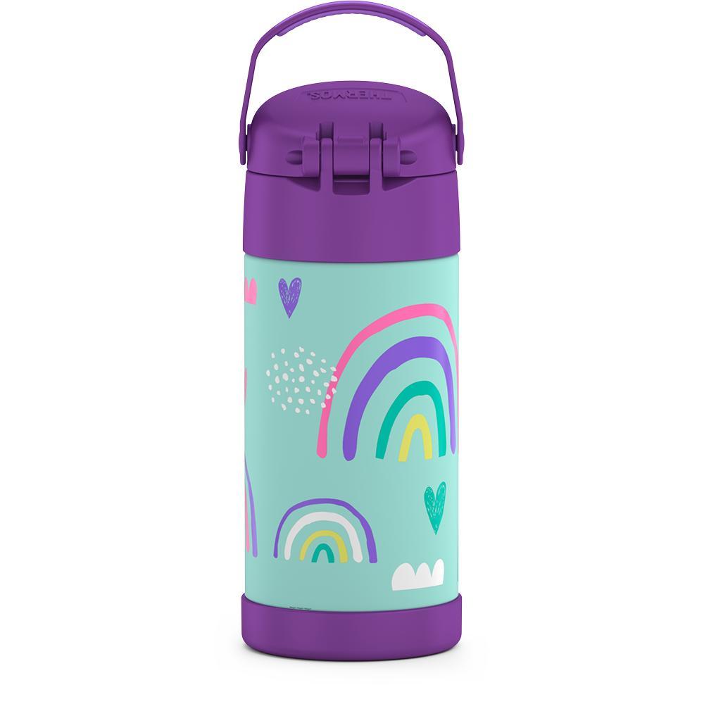 12 ounce Funtainer water bottle, back view, handle up, rainbows and clouds Pattern.