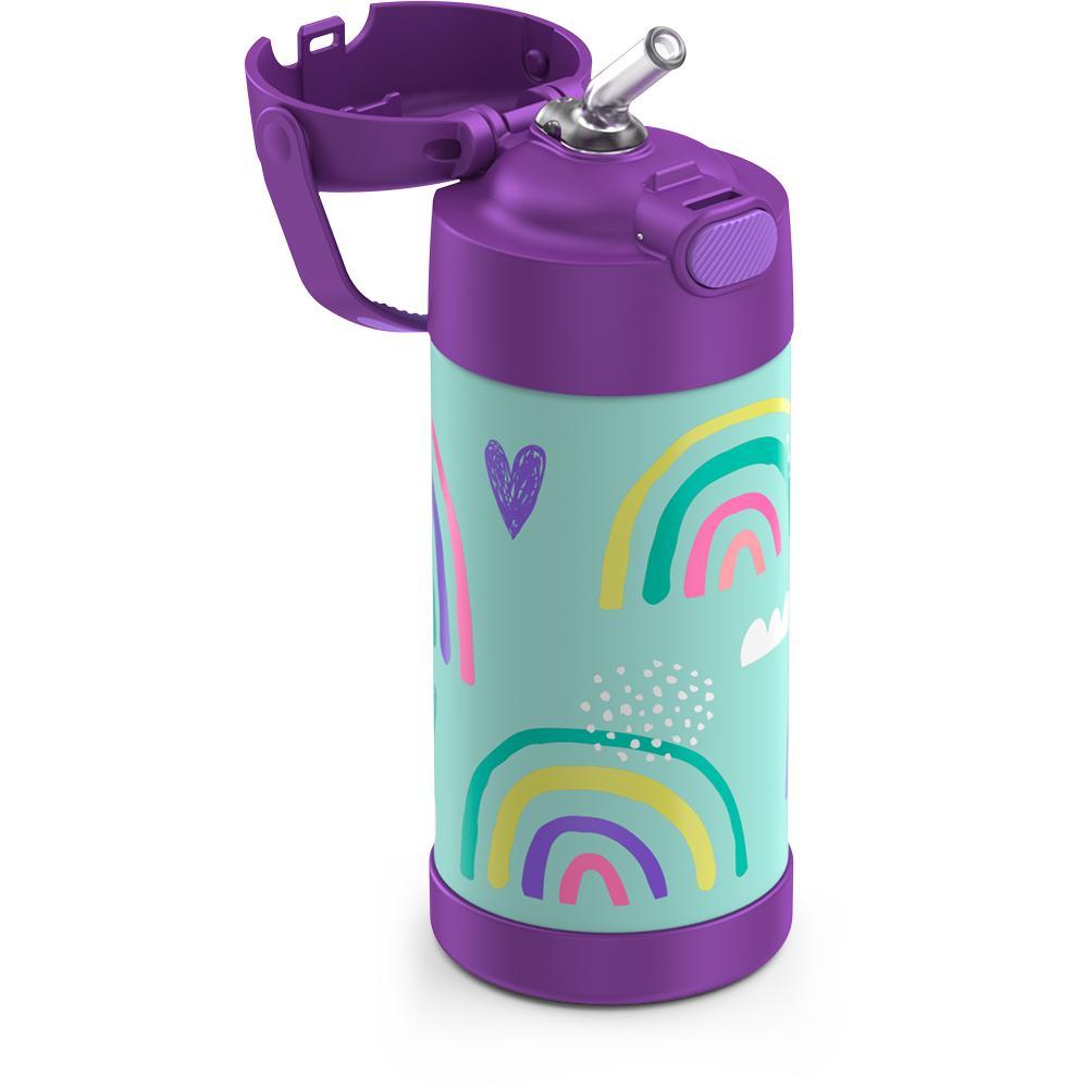 12 ounce Funtainer water bottle, rainbows and clouds Pattern, straw inset.