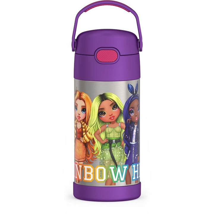 12 ounce Funtainer water bottle with handle up, Rainbow High, Purple.