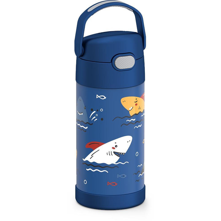 12 ounce Funtainer water bottle, side view, handle up, friendly Sharks Pattern.