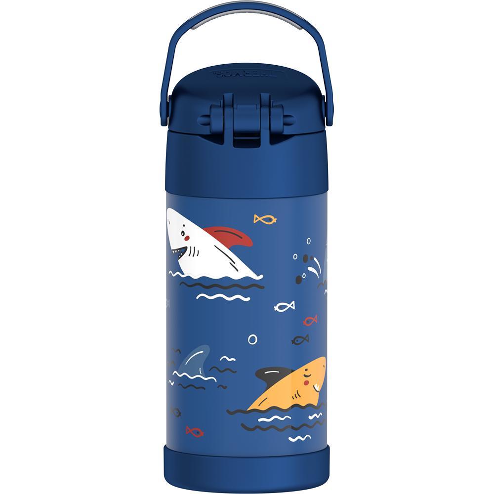 12 ounce Funtainer water bottle, back view, handle up, friendly Sharks Pattern.