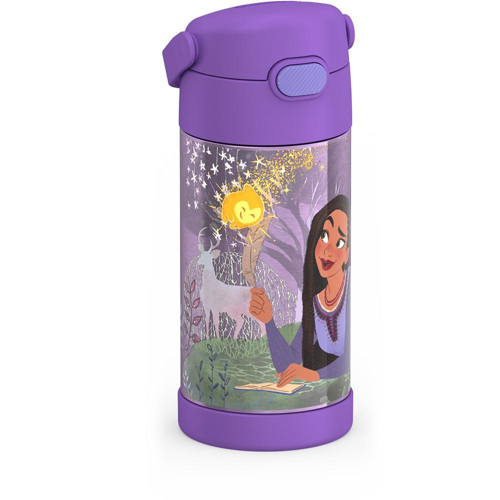 12 ounce Funtainer water bottle, Disney's Wish, side view, handle down.