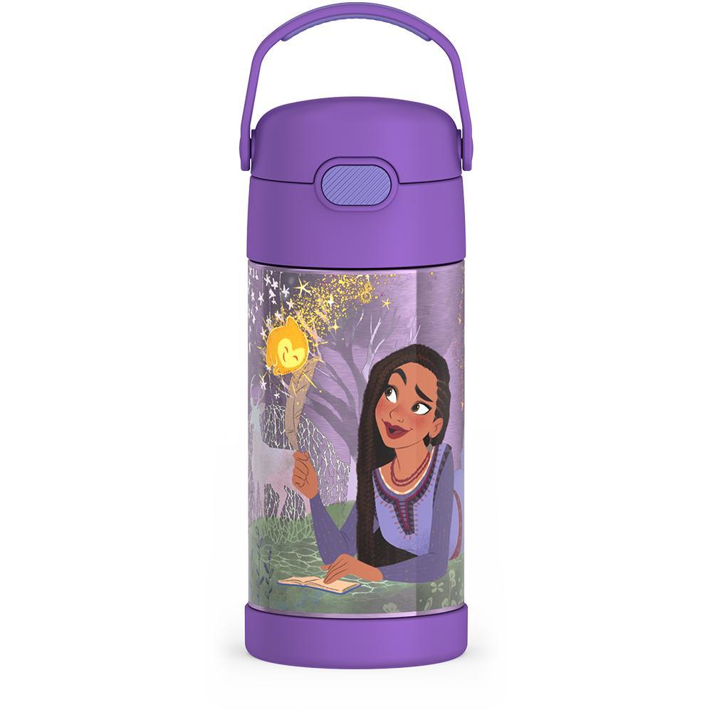 12 ounce Funtainer water bottle, Disney's Wish, front view, handle up.