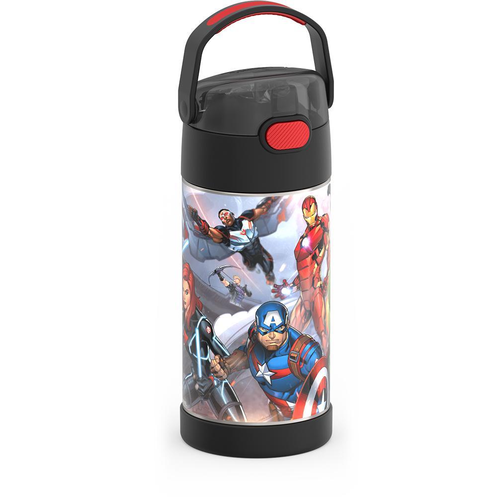 12 ounce Funtainer water bottle, side view, handle up, Avengers.