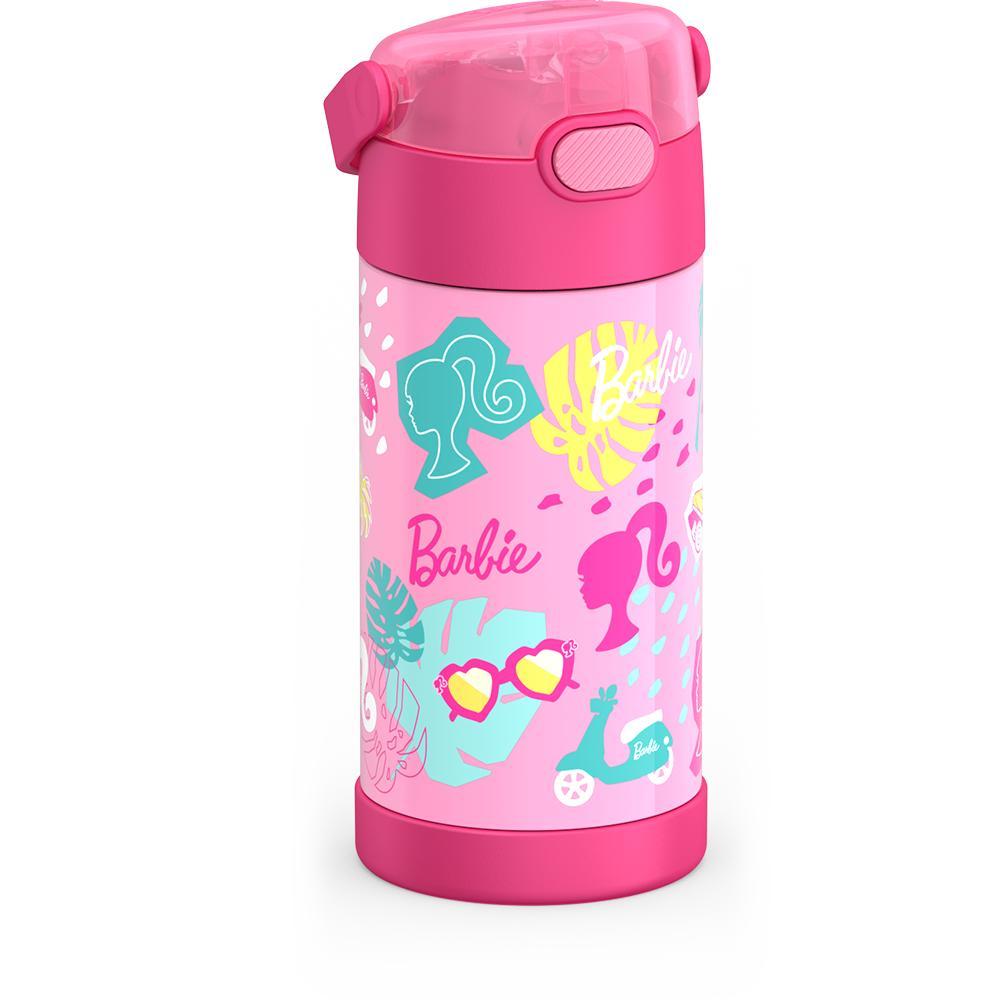 12 ounce Funtainer water bottle, Barbie, side view, handle down.