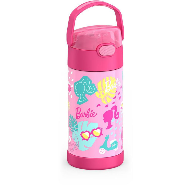 12 ounce Funtainer water bottle, side view, handle up, Barbie.