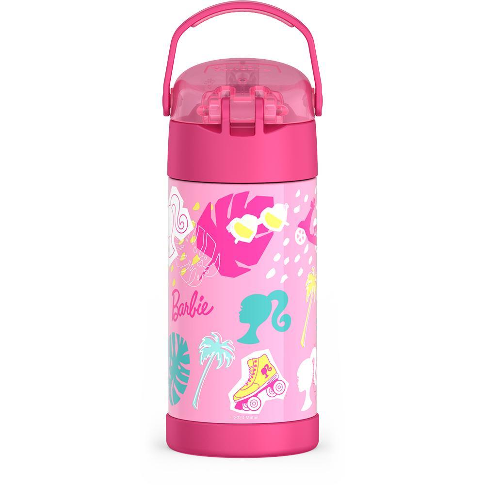 12 ounce Funtainer water bottle, back view, handle up, Barbie.